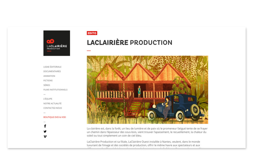 Vue d’une des pages du site web, blanc et épuré, le site laisse place aux visuels des différentes productions.