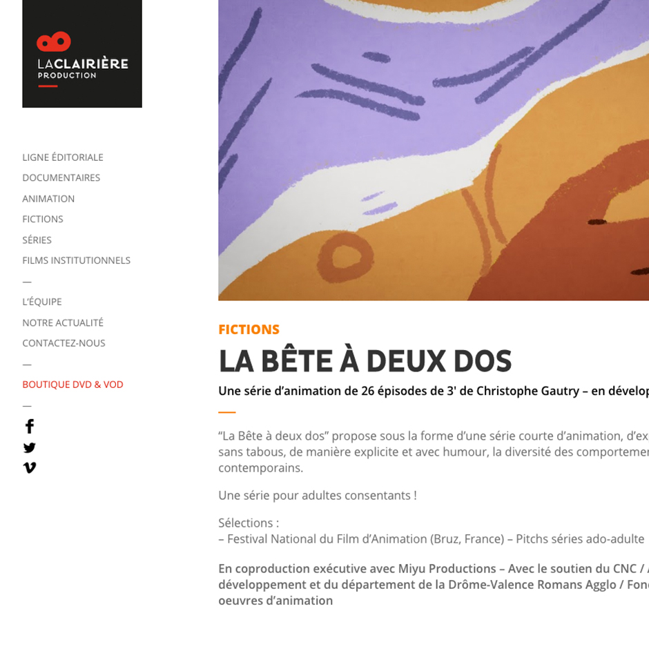 Cadrage coupé sur le menu du site web, on aperçoit le descriptif du film « La Bête à deux dos », surmonté d’une illustration.