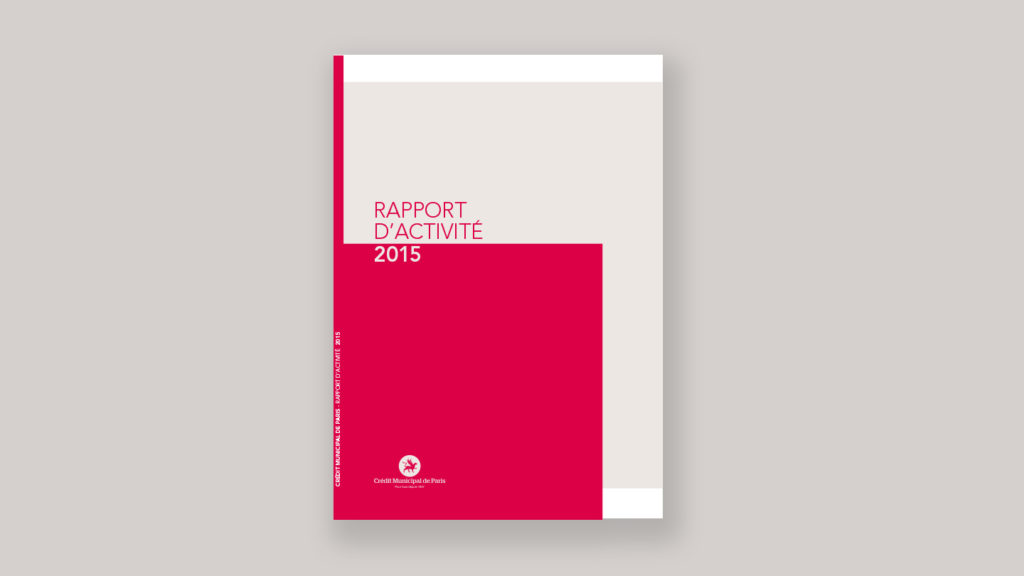 Couverture du « Rapport d'activité 2015 », blanc gris et magenta, son fond gris.