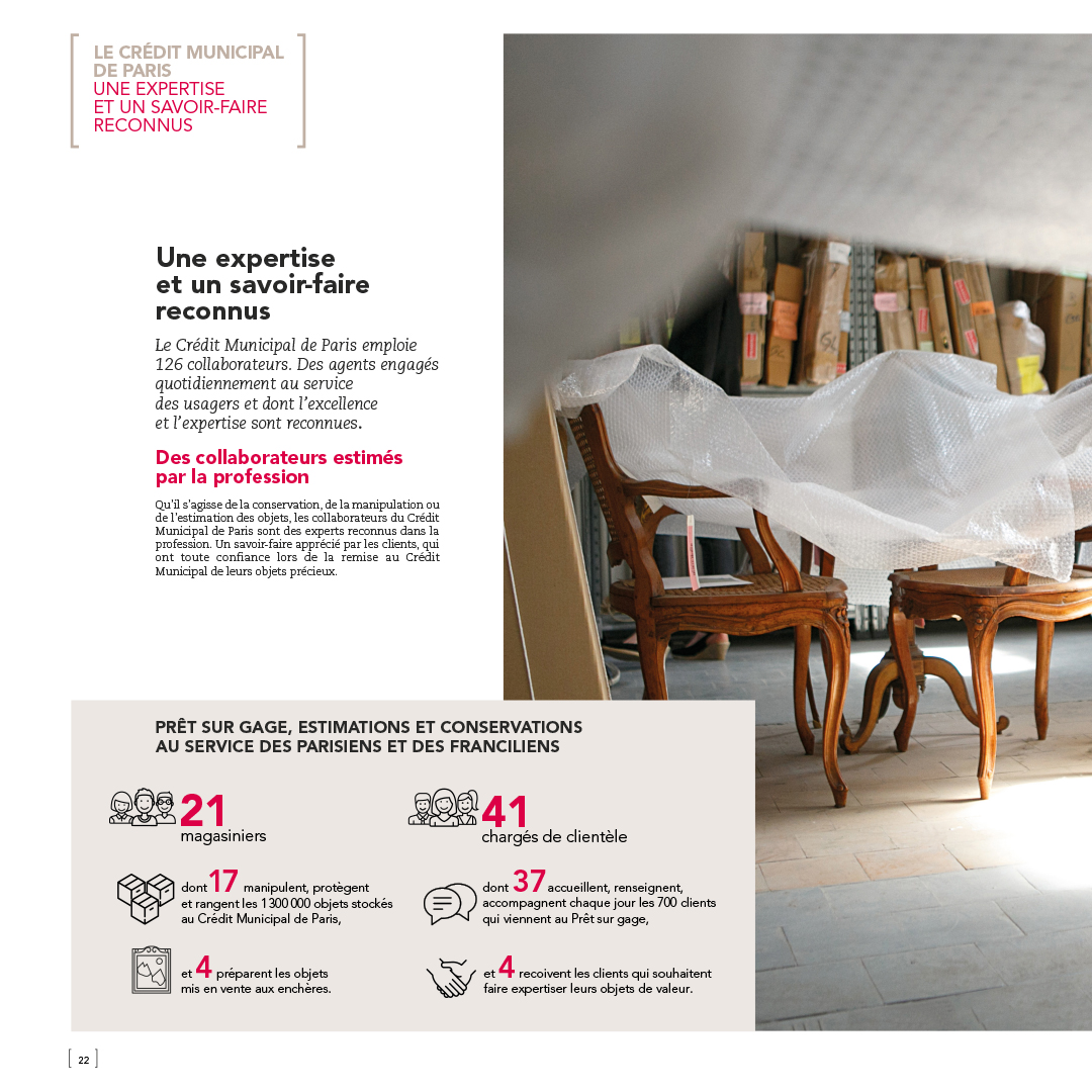 Mise en avant d’une double page, un bloc texte à gauche, un encadré de données chiffrées en bas de page, chevauchant une photo de deux chaises sous du papier bulle.