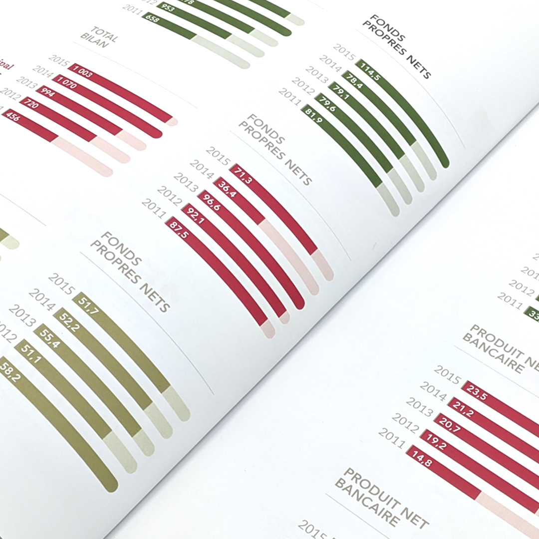 Zoom sur le pli d’une double page de data visualisations en rouge et vert.