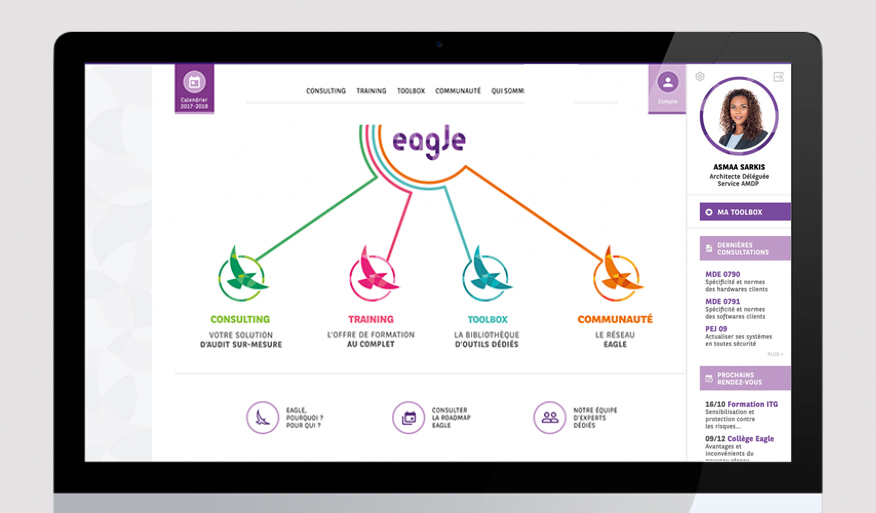 Un écran d'ordinateur montre une page de profil Eagle. On y voit les rendez-vous, les dernières consultations, et une page d'accueil présentant les différentes formations