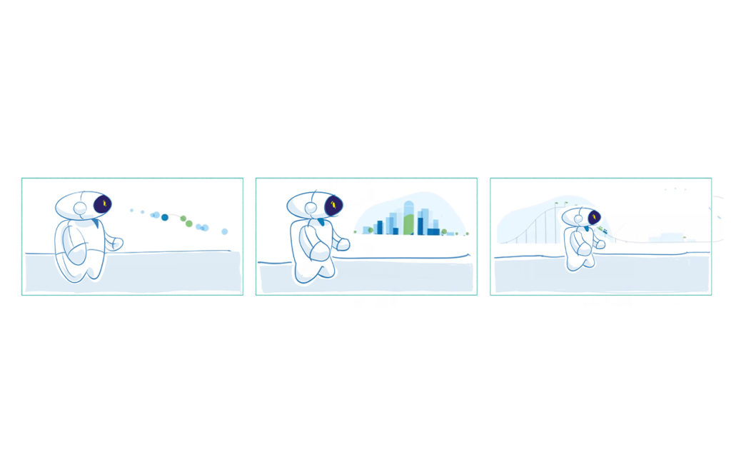 3 cases d'un storyboard en couleurs dessiné à la main présentant le robot IK2. Celui-ci avance et en arrière-plan se dessiner une ville