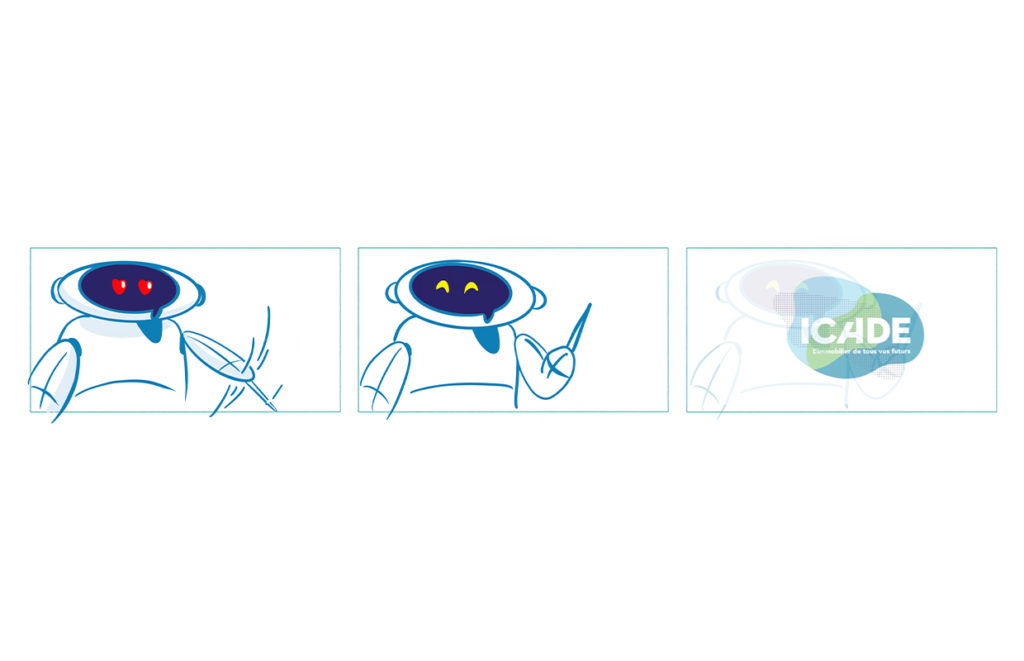 3 cases de storyboard dessiné à la main où l'on voit le robot IK2 se tourner vers le spectateur des coeurs dans les yeux et s'efface peu à peu pour montrer le logo