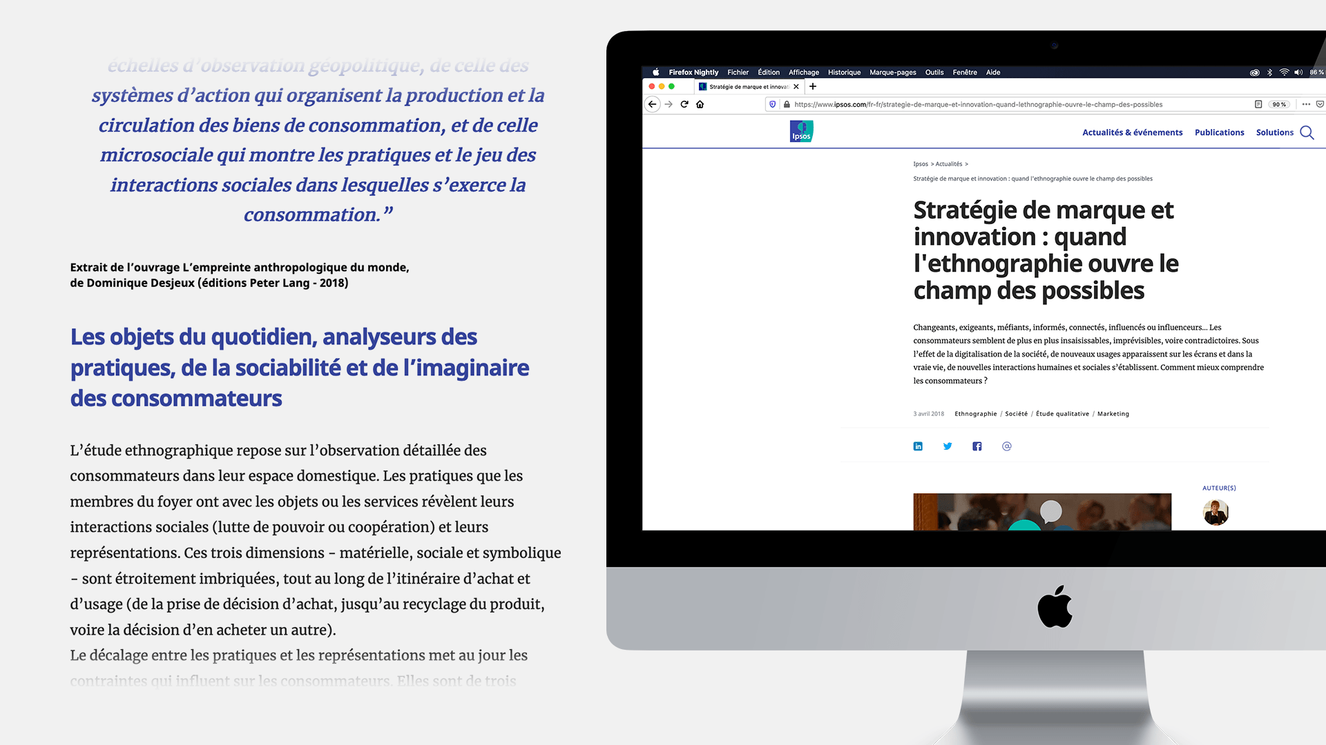 Image présentant un texte à gauche avec différentes graisses et niveaux de hiérarchies, à droite un écran Apple, une page du site Ipsos ouvert dans Firefox.