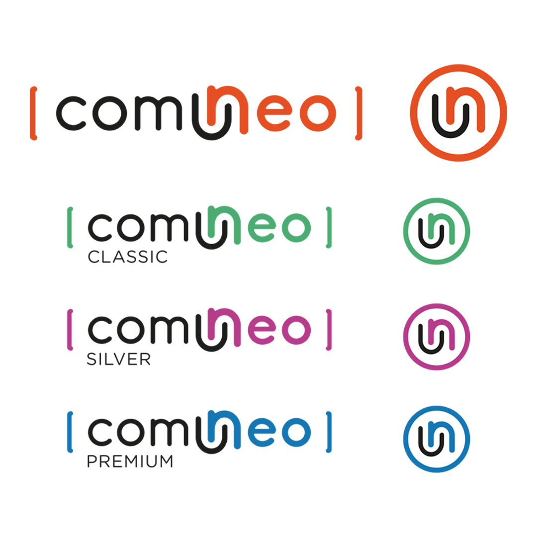 Série de 4 labels et logo comuneo et leurs versions digests, présentés les uns aux dessus des autres, de haut en bas : logo comuneo orange, label comuneo « Claccic » vert, label comuneo « Silver » violet, label comuneo « Premium » bleu.