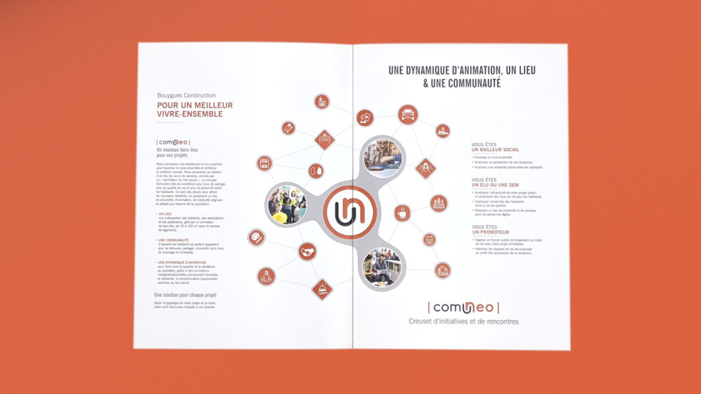Sur fond orange, une brochure Comuneo ouverte sur un graphe mélangeant pictogrammes et images, deux colonnes de texte de part et d’autre du graphe.