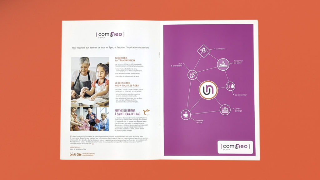 Sur fond orange, double page d’une brochure, à gauche texte et images cohabitent, à droite, un graphe de pictogrammes sur fond violet.