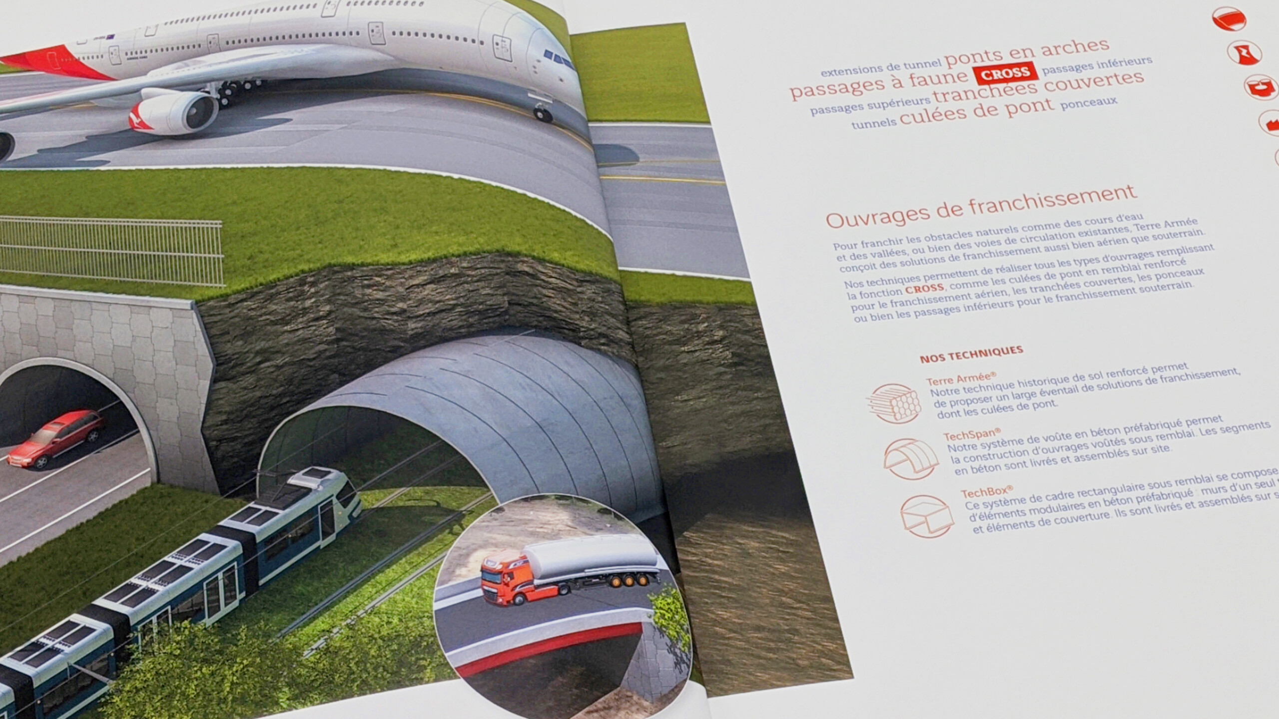 Cadrage serré sur une double page, à gauche une grande illustration 3D d’un avion, et de tunnels, du texte à droite.