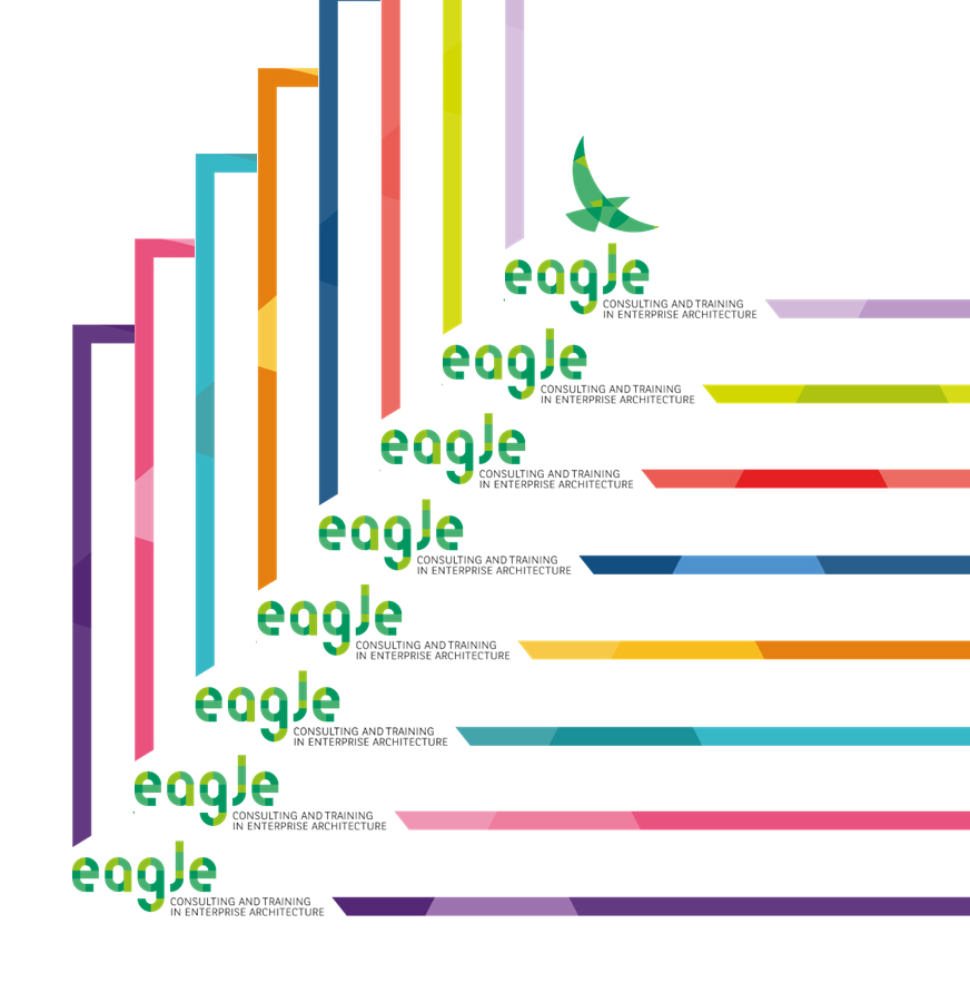 Différentes compositions linéaires, aux couleurs d'Eagle, incluant les mosaïques vitraux ainsi que le logo développé Eagle