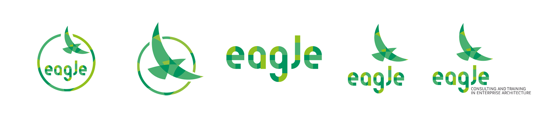 Toutes les déclinaison du logo eagles : dans un cercle avec le nom eagle, l'aigle dans un cercle, le nom eagle, l'aigle et le nom, l'aigle, le nom ainsi que la baseline