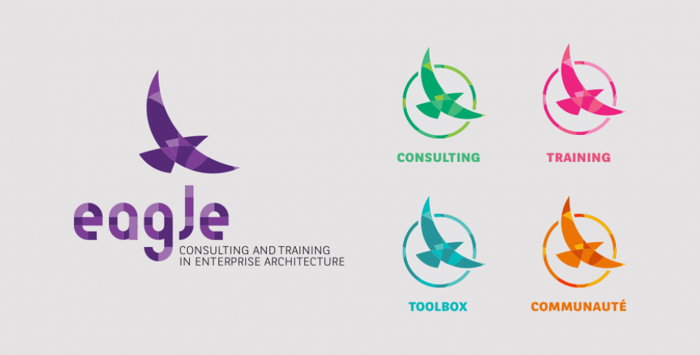 Le logo eagle en violet, avec ses 4 déclinaison pour les thèmes Consulting, training, toolbox et communauté