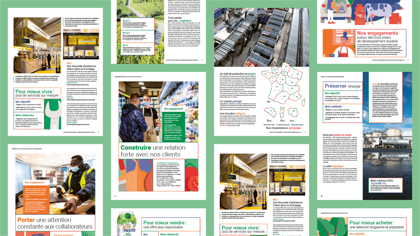 Mosaïque de sujets traités dans le rapport développement durable du Groupement des Mousquetaires, d'infographies et de données chiffrées Mosaïque de sujets traités dans le rapport développement durable du Groupement des Mousquetaires, d'infographies et de données chiffrées