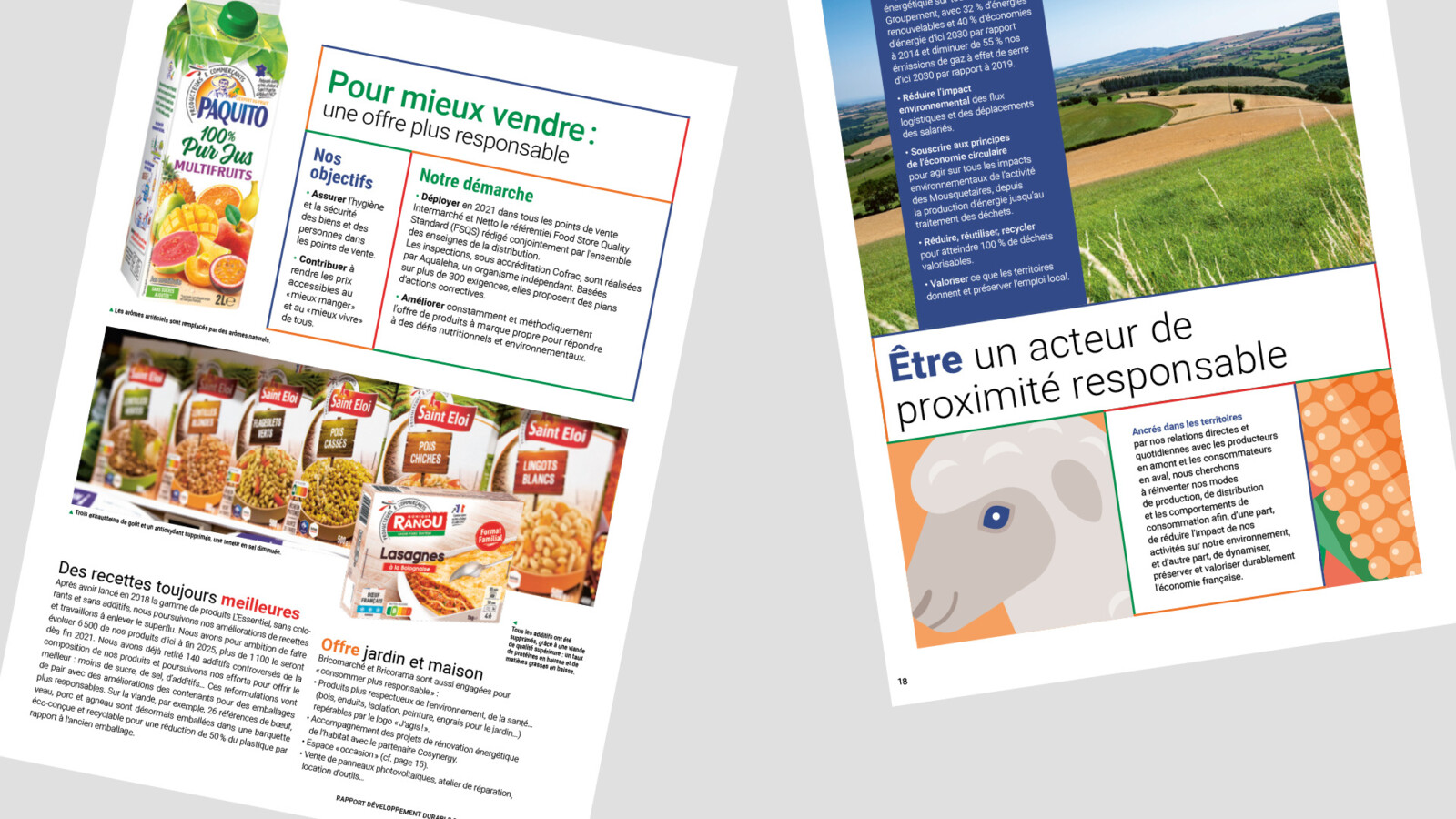 Encarts présents dans le rapport développement durable des Mousquetaires présentant des packagings et des illustrations Encarts présents dans le rapport développement durable des Mousquetaires présentant des packagings et des illustrations