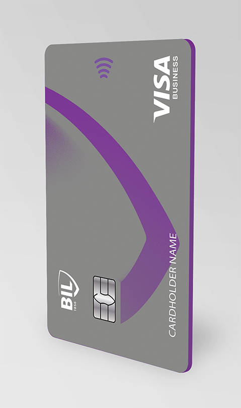 Vue de la carte Visa Business émise par la BIL. Elle est grise et de format horizontal, avec le motif décliné du logo écusson, en violet. La tranche est violette aussi.