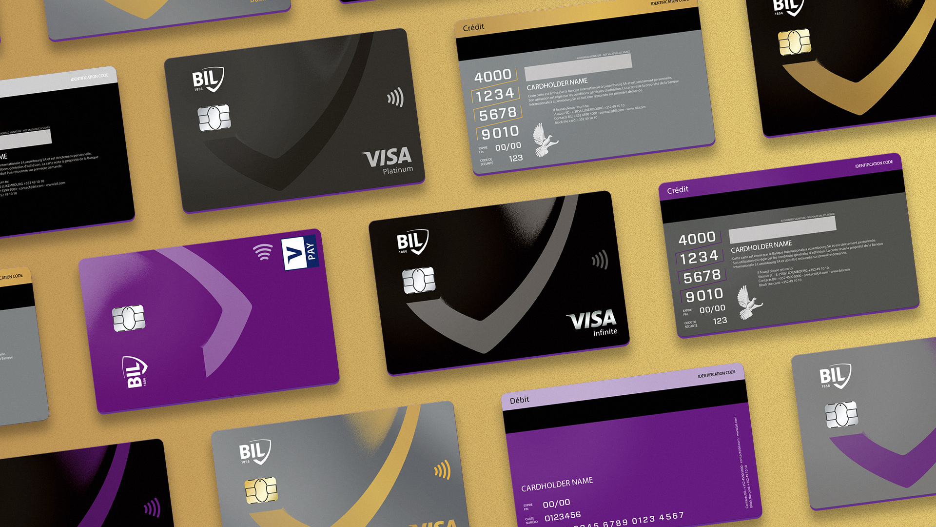 Vue de plusieurs cartes Visa émises par la Banque internationale à Luxembourg avec leurs nouveaux card designs. La carte V Pay verticale est violette, la carte Visa Infinite horizontale est noire.