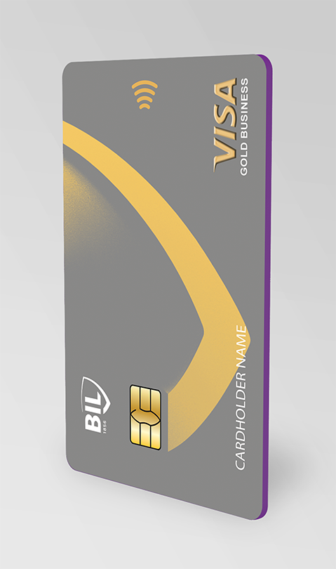 Vue de la carte Visa Gold Business émise par la BIL. Elle est grise et de format horizontal, avec le motif décliné du logo écusson, en jaune. La tranche est violette.