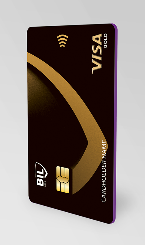 Vue de la carte Visa Gold émise par la BIL. Elle est noire et de format horizontal, avec le motif décliné du logo écusson, en doré. La tranche est violette.