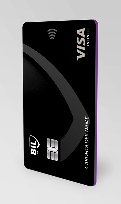 Vue de la carte Visa Infinite émise par la BIL. Elle est noire et de format horizontal, avec le motif décliné du logo écusson, en gris. La tranche est violette.