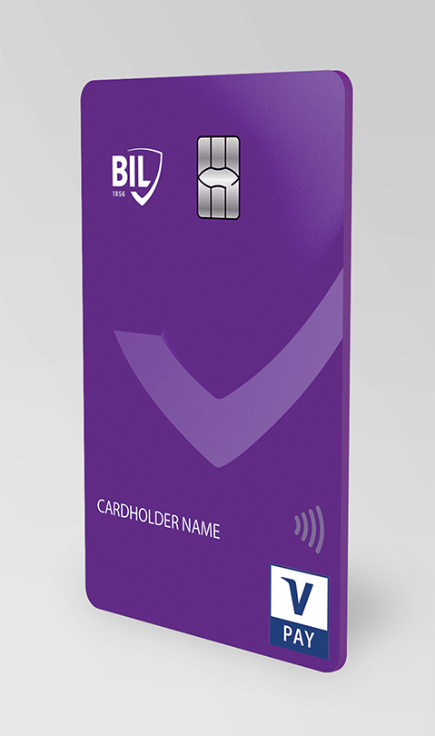 Vue de la carte V Pay émise par la BIL. Elle est violet foncé et de format vertical, avec le motif décliné du logo écusson, en violet clair. La tranche est violette aussi.