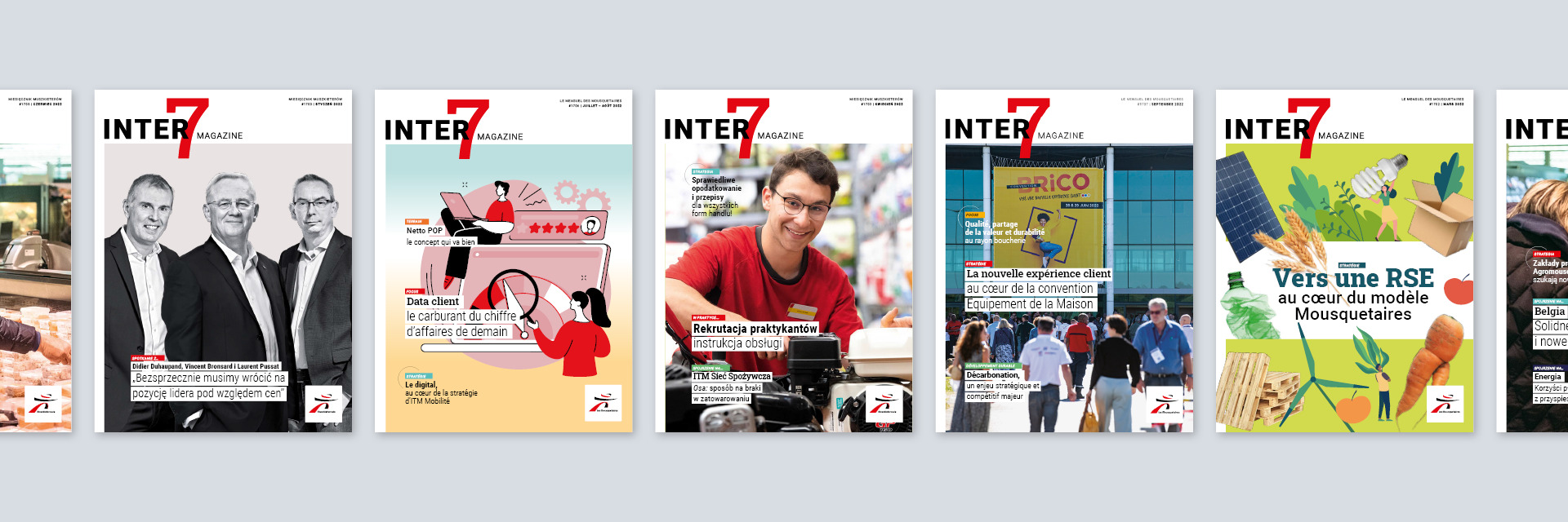 Collection de couvertures du magazine Inter 7 en Portugais, Polonais et Français, avec des illustrations et des photographies
