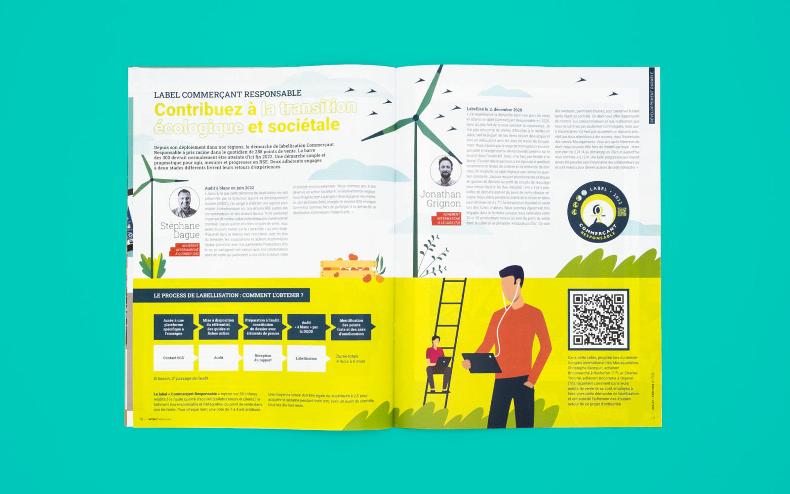 Double page illustrée traitant d'un sujet sur la transition écologique et sociétale. Il comporte également 2 interviewes