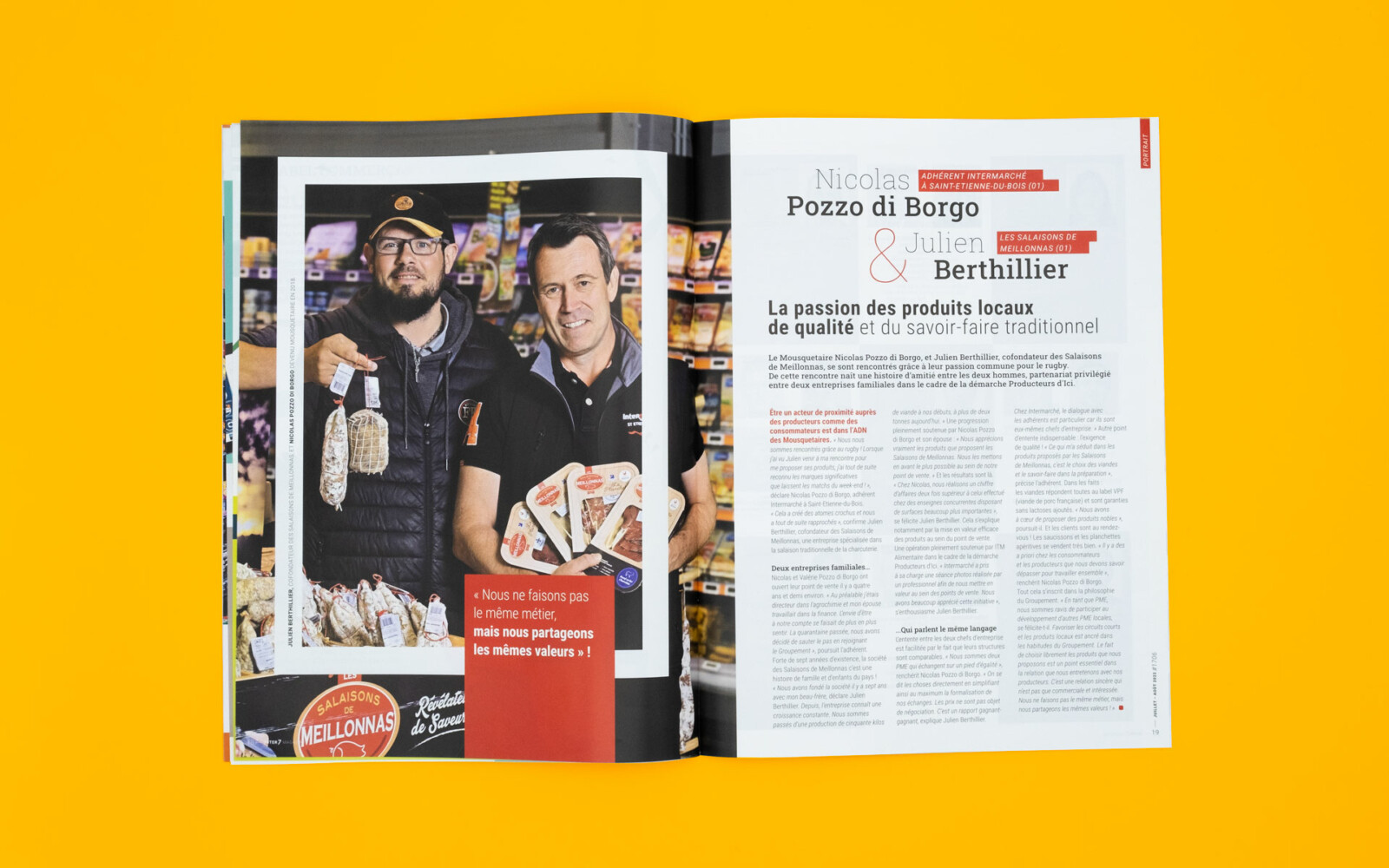 Une double page d'article du magazine Inter 7. On y voit deux employés d'Intermarché ainsi qu'une citation d'eux