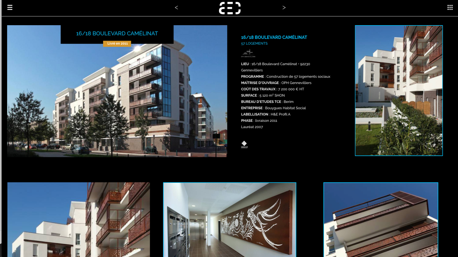 Vue sur desktop du site d’AEC Architecture. On peut voir cinq photos d’un immeuble de logements sociaux. Les garde-corps des balcons sont en dentelle métallique couleur rouille.