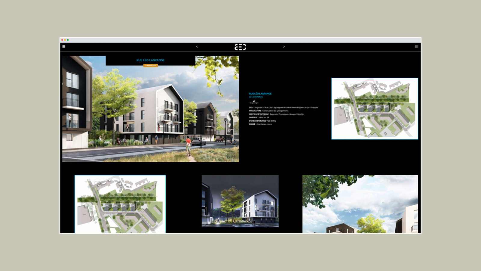 Vue sur desktop du site d’AEC Architecture. On peut voir les photos et les plans d’un projet d’habitation de quatre bâtiments à trois étages, en bordure d’une rue.