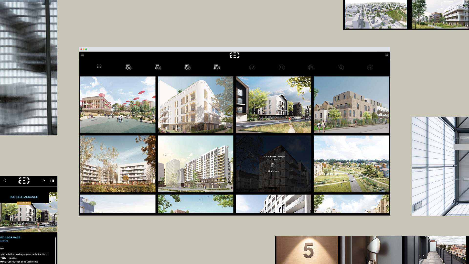 Vue sur desktop du site d’AEC Architecture. On peut voir une mosaïque de photos de différents projets. Pour la plupart, il s’agit de programmes d’habitation.
