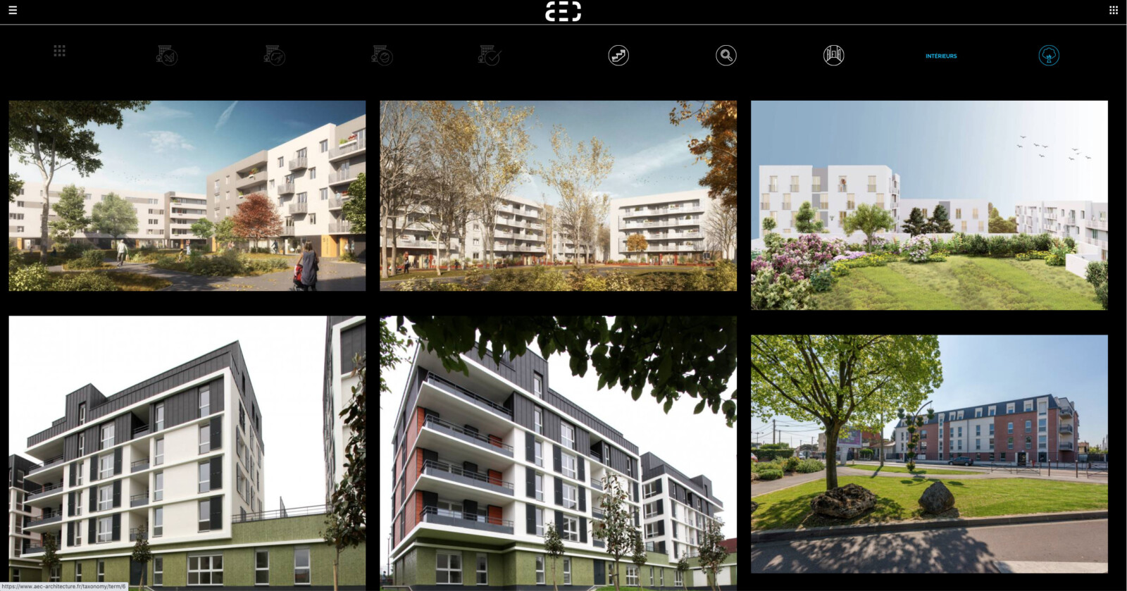 Vue sur desktop du site d’AEC Architecture. On peut voir six photos. Il s’agit de résidences avec des parcs arborés.