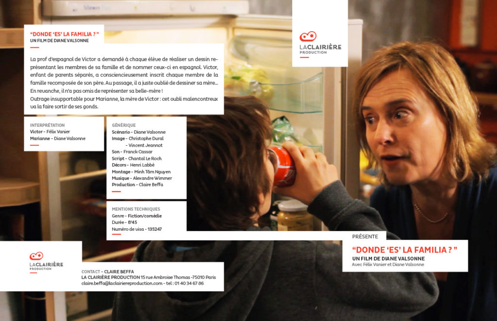 Jaquette du DVD « Donde « es » la familia », un Screenshot du film en fond, des zones en réserves blanches accueil le texte.