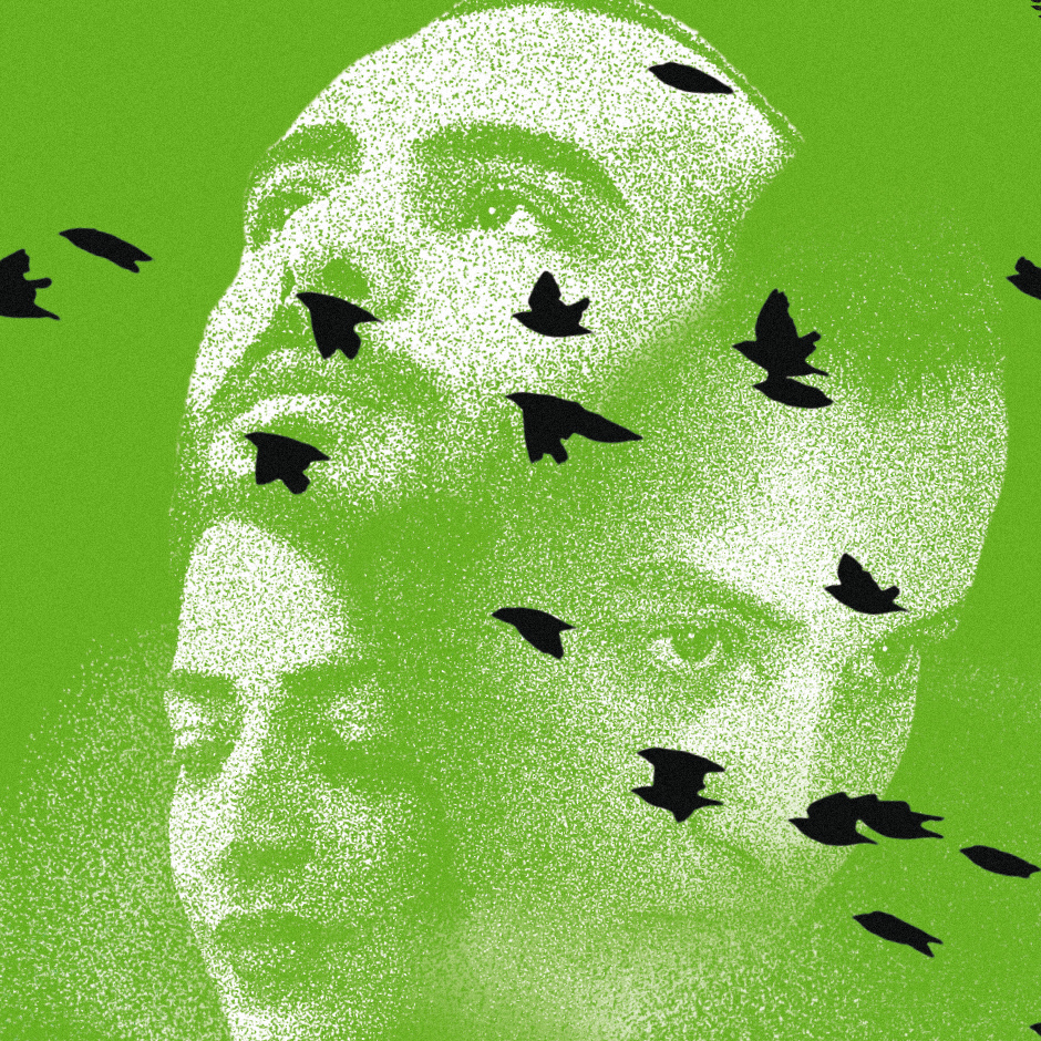Image vert fluo, tramée, de trois visages entremêlés, une envolée d’oiseau en aplat noir par-dessus.
