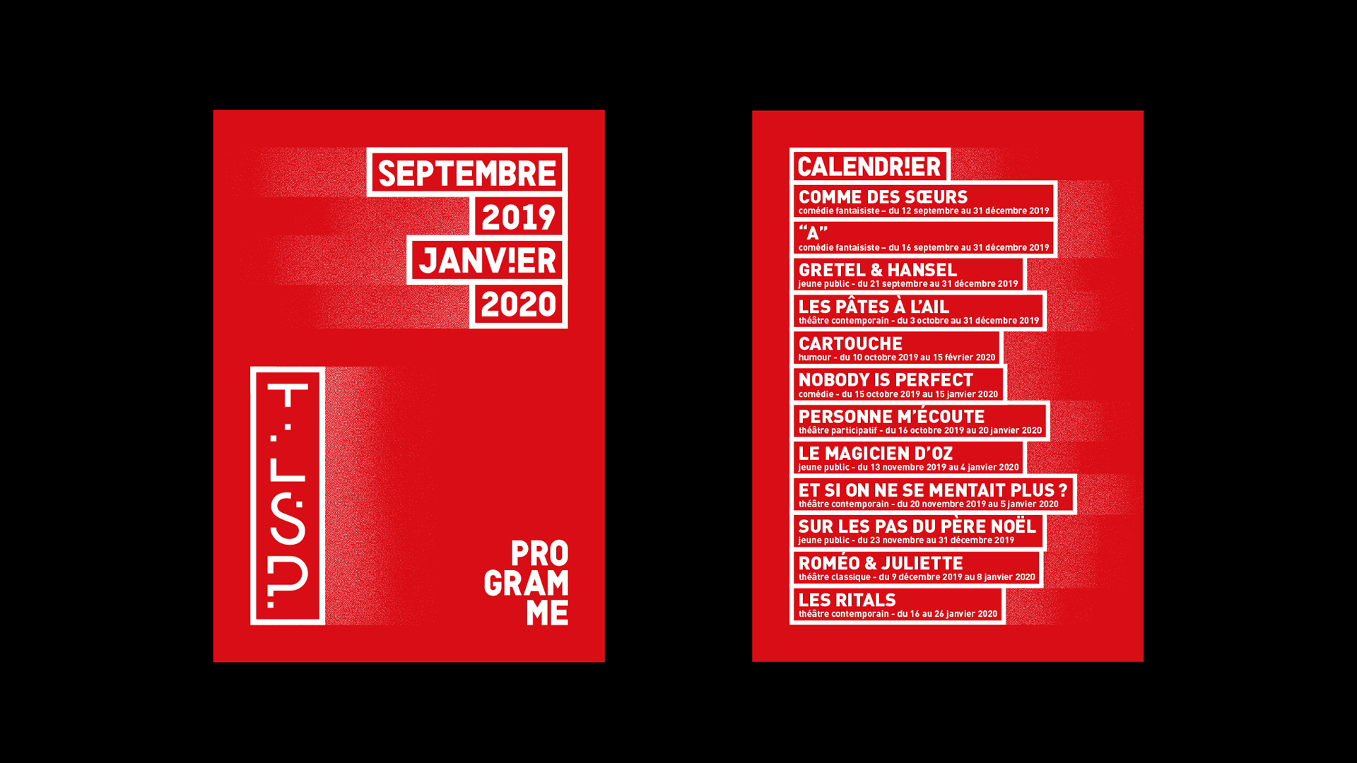 Sur fond noir, vue recto-verso du flyer de programmation de TLSP, blanc sur fond rouge, le logo et le texte sont placés dans des cadres.