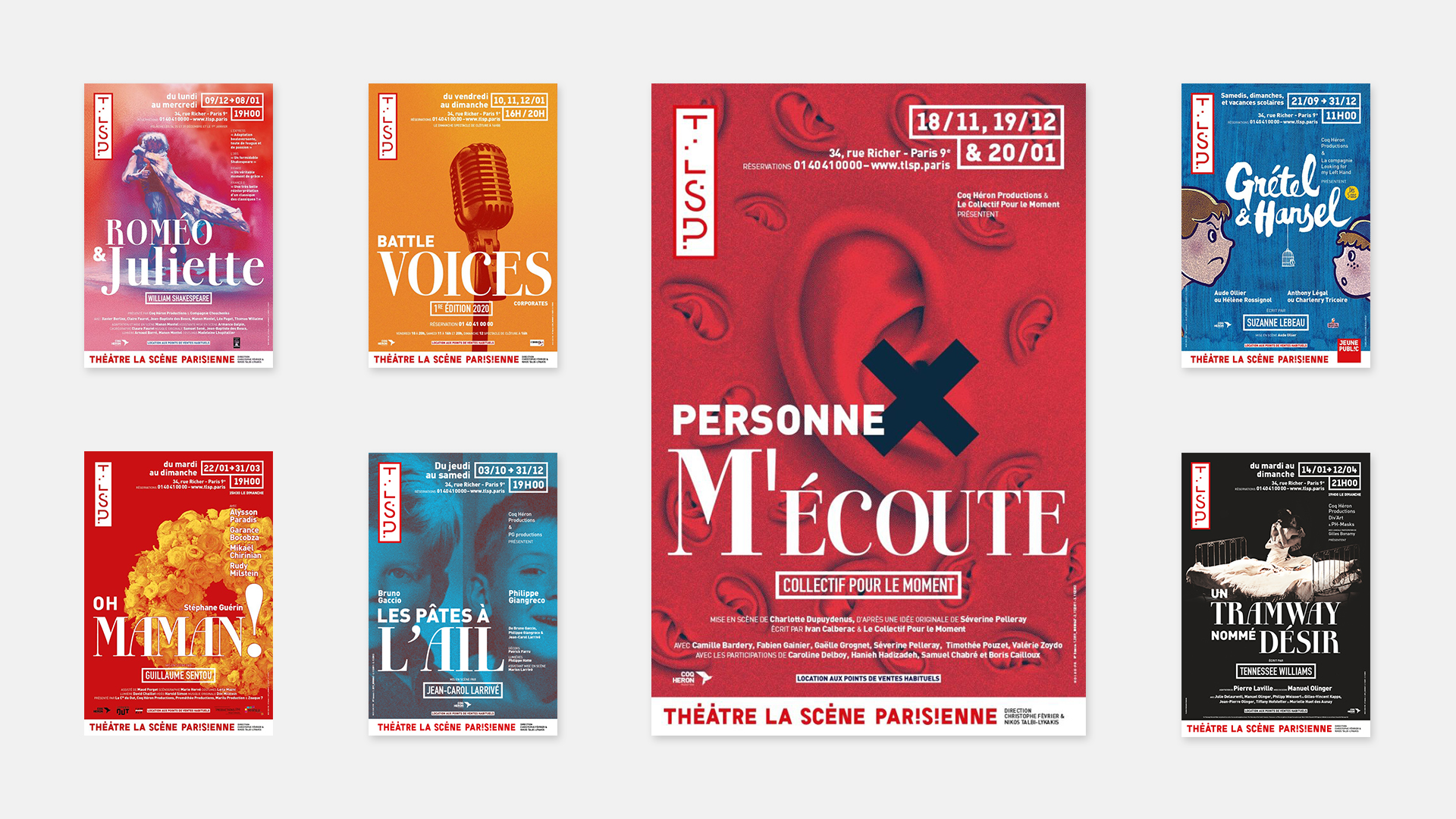 Sélection d’affiches de plusieurs spectacles, de gauche à droite : « Roméo & Juliette », « Oh Maman ! », Battle Voices », « Les Pâtes à l’ail », plus grande que les autres « Personne m’écoute », « Grétel & Hansel » et « Un tramway nommé désir ».