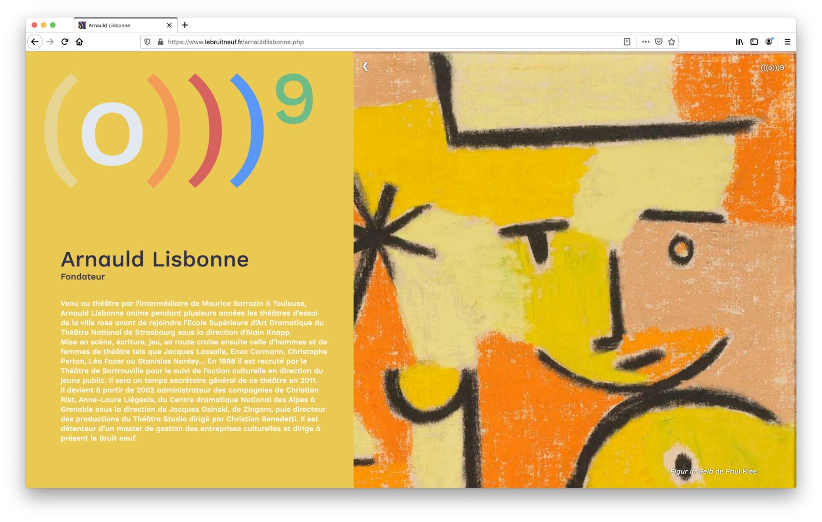 Page web du site internet bruitneuf.fr présentant le fondateur Arnaud Lisbonne. La présentation est sur fond jaune, et sur la droite une illustration au pastel gras.