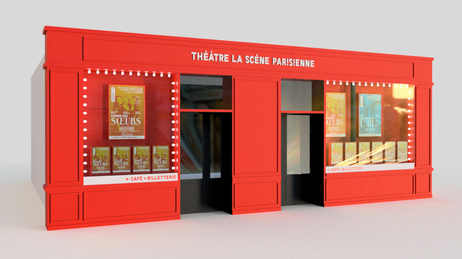 Vue 3D de la façade du Théâtre de la seine Parisienne, la devanture est rouge et le nom du théâtre surmonte les portes d’entrée, de grandes vitres laissent voir une sélection d’affiches de diverses tailles placées derrière.