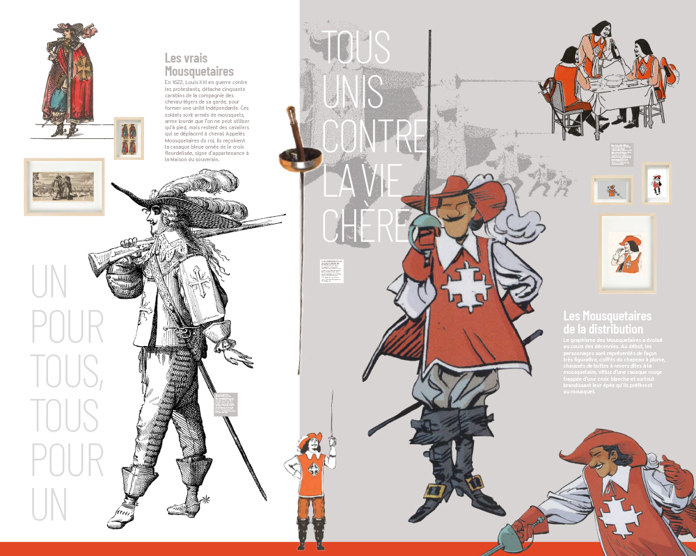 Un panneau sur les vrais Mousquetaires au XVIIe siècle. Une gravure représente l’un deux, avec le fameux chapeau au panache imposant, l’épée et le mousquet. En regard, les Mousquetaires de la distribution avec la chasuble orange, époque années 1970-1980.