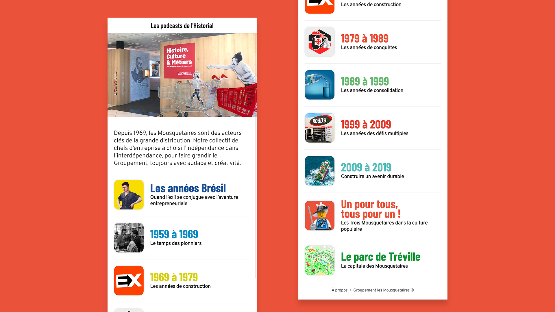 Vue du menu des podcasts du musée d’entreprise des Mousquetaires. Un podcast est proposé pour chaque décennie.