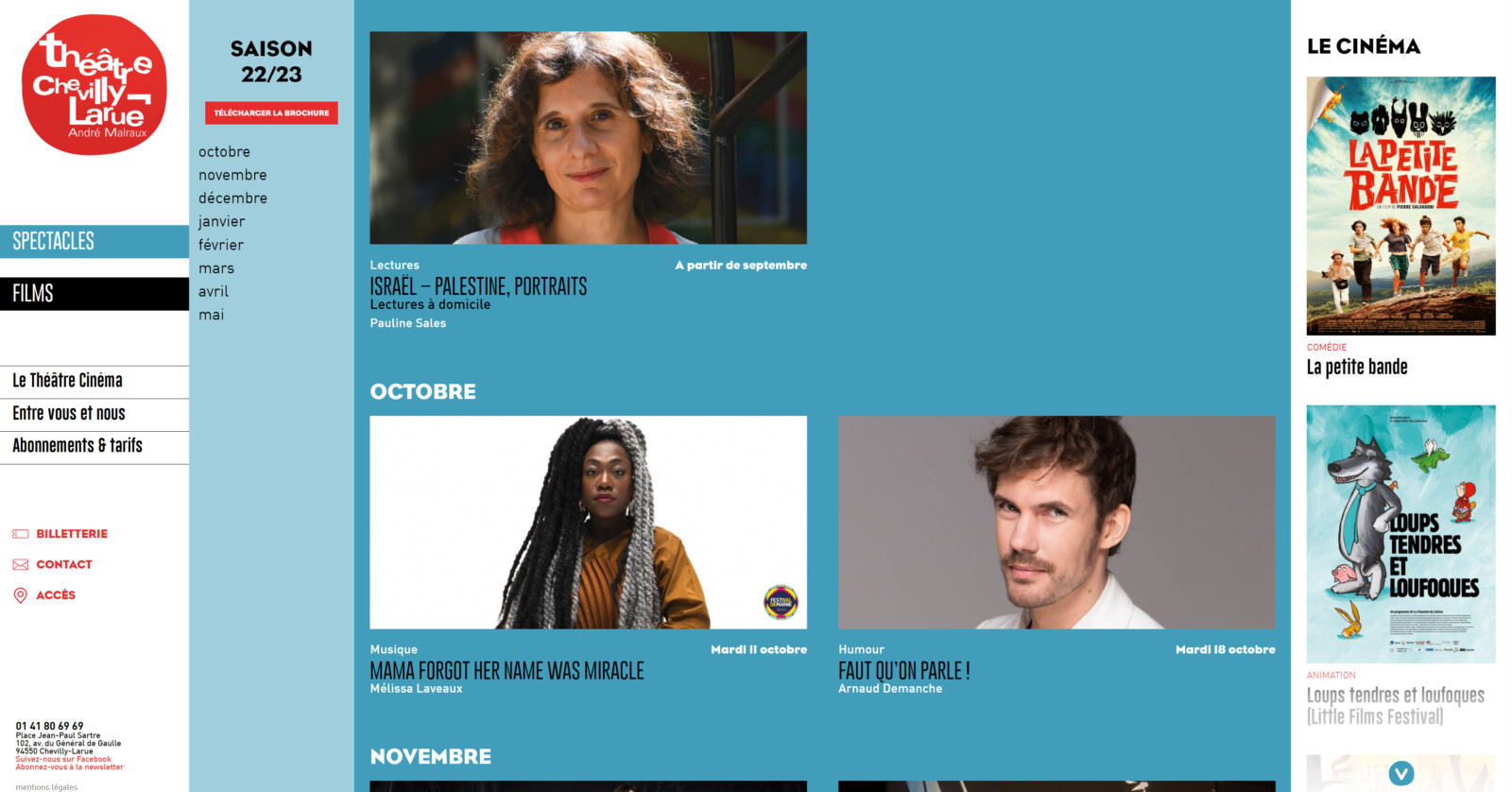 La page spectacles du site du Théâtre Chevilly-Larue. On peut y voir des photos portraits de la comédienne Pauline Sales, de la chanteuse Mélissa Laveaux et de l’acteur Arnaud Demanche.