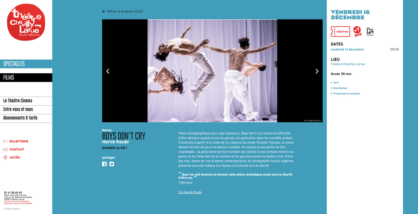 Une page spectacles du site du Théâtre Chevilly-Larue. Elle présente la pièce chorégraphique « Boys don’t cry ». Les danseurs torse nu en jeans blancs se livrent à des acrobaties.