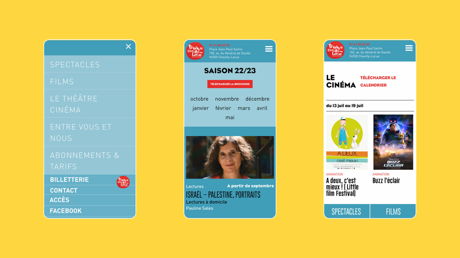 Trois pages sur smartphone du site du Théâtre Chevilly-Larue. La première présente le menu, la seconde la page d’accueil de la saison 2022-2023 et la troisième le cinéma avec les affiches des films « À deux, c’est mieux » et « Buzz l’éclair ».