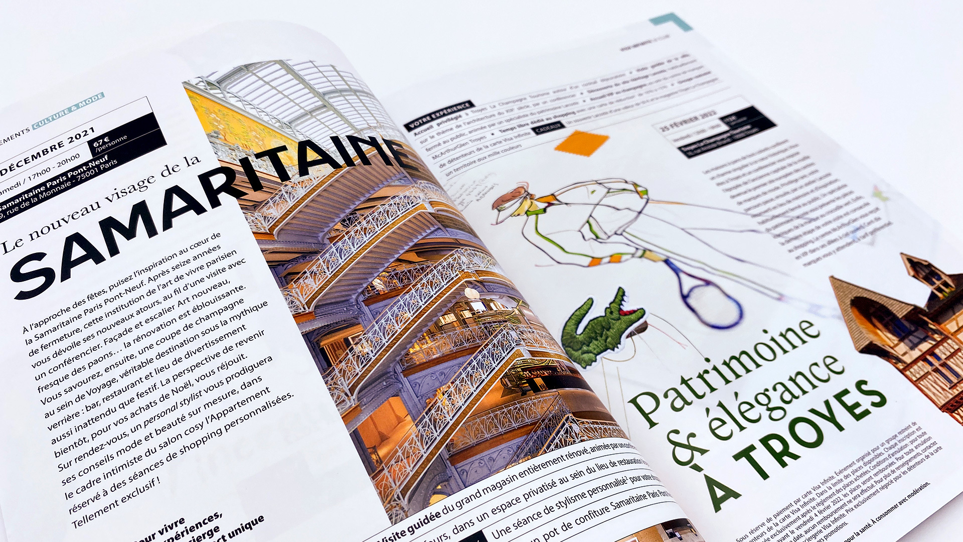 Photo d'une double page Shopping au premier plan un sujet dédié à la Samaritaine, en page de gauche un sujet centré sur Lacoste. Photo d'une double page Shopping au premier plan un sujet dédié à la Samaritaine, en page de gauche un sujet centré sur Lacoste.