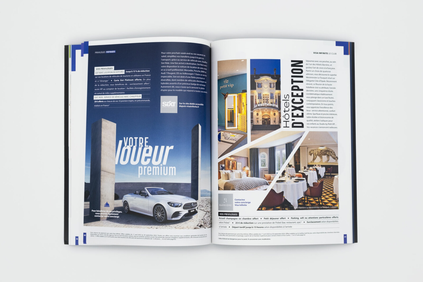 Double page de la rubrique voyage, en page de gauche un sujet consacré au loueur Avis, en page de droite un sujet consacré aux hotels Barrière.