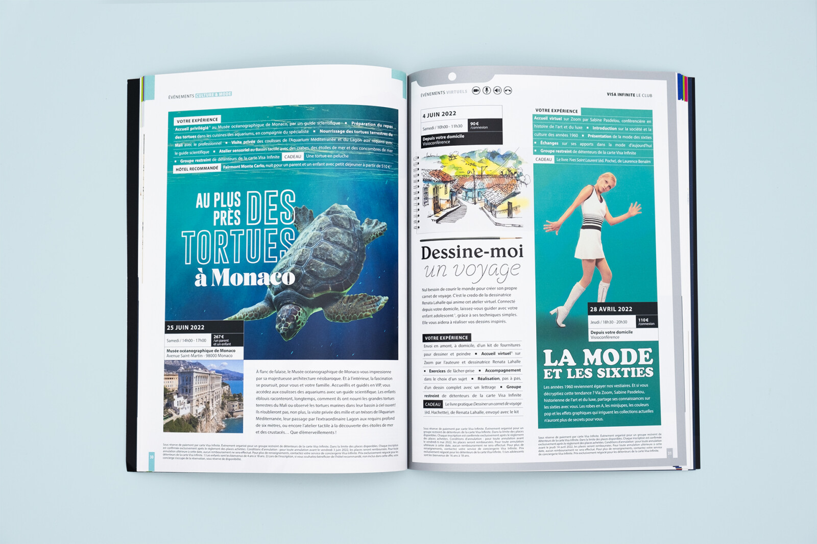 Double page de la rubrique Culture et Mode dédié à la visite du musée de l'océanographie au premier plan un travail typographique entoure la tortue.