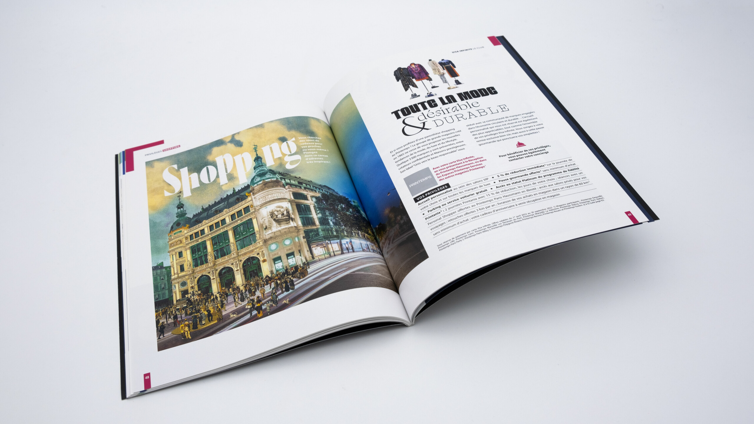 Double page d'ouverture de rubrique shopping consacrée au Printemps Haussmann à Paris.