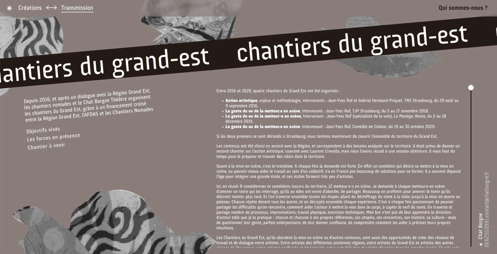 La page du projet Chantiers du grand-est, sur le site de Chat Borgne Théâtre. Le titre est installé dans un bandeau typo, signature du site.