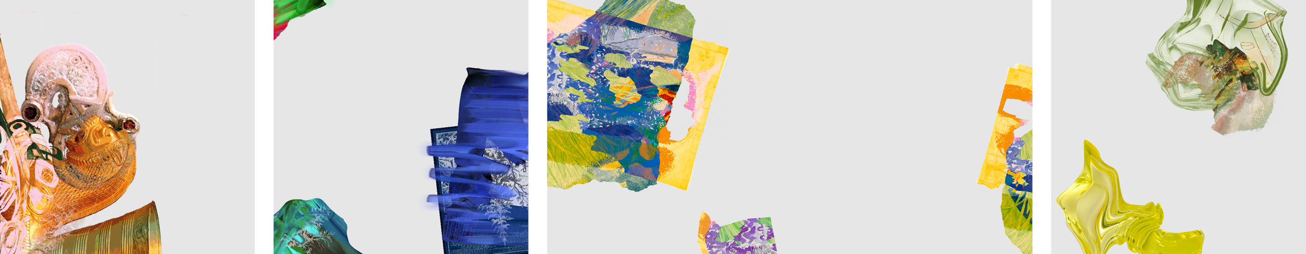 Présentations de plusieurs illustrations du site de Chat Borgne Théâtre. Formes abstraites, aplats de couleurs vives et objets détournés s’entrecroisent.