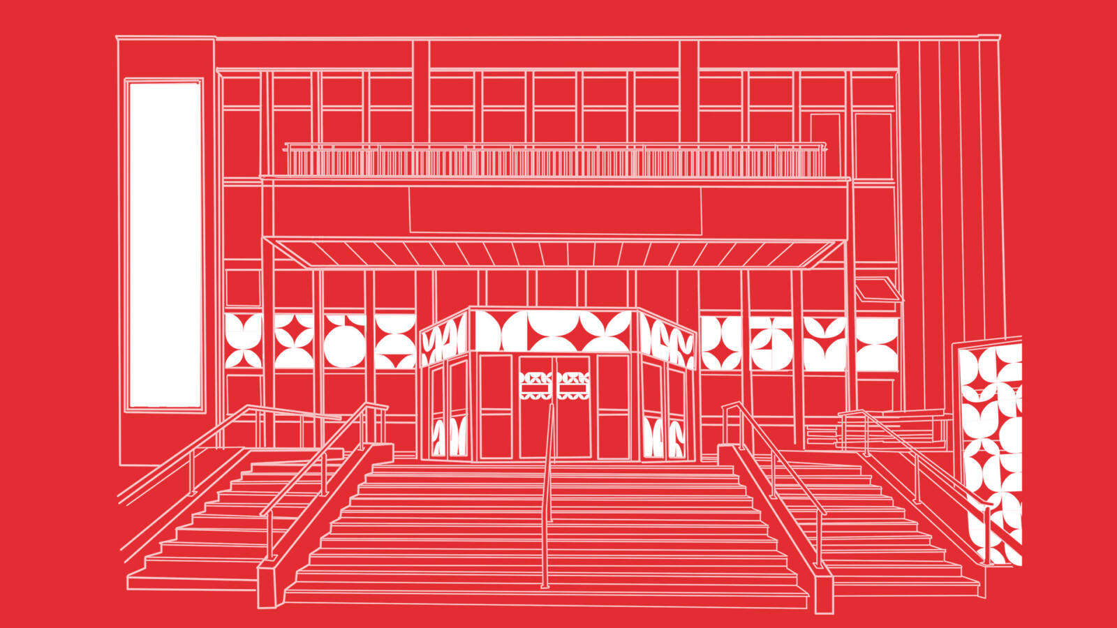 Illustration représentant la façade du Théâtre Chevilly-Larue sur fond rouge. La signalétique au motif emblématique figure en blanc.