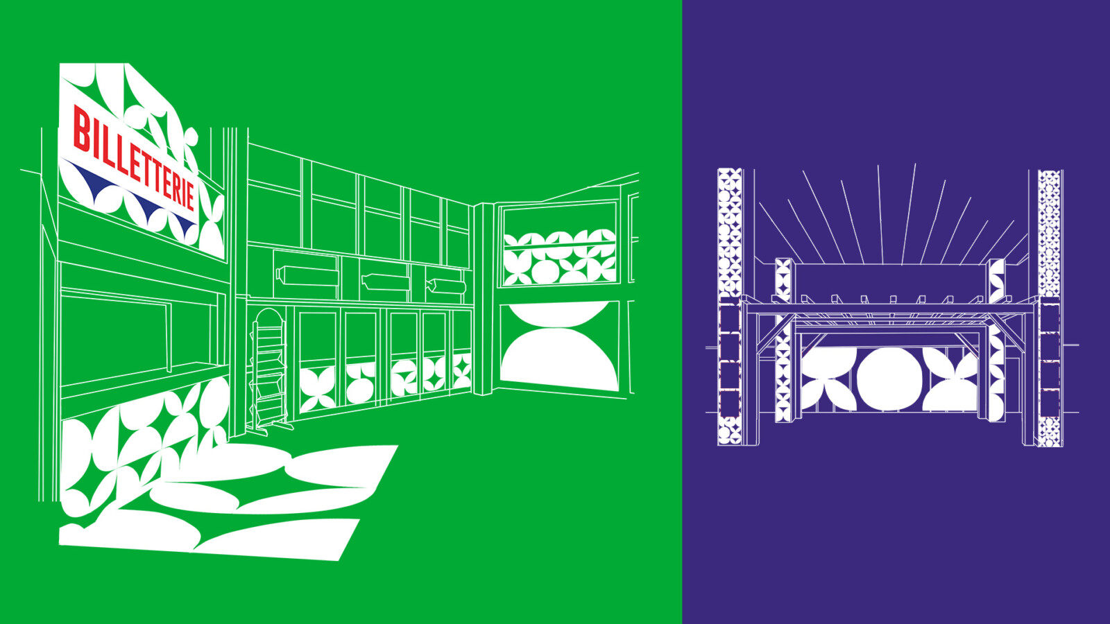 Illustrations représentant la billetterie et la pergola du Théâtre Chevilly-Larue, la première sur fond vert, la seconde sur fond violet. La signalétique au motif emblématique figure en blanc.